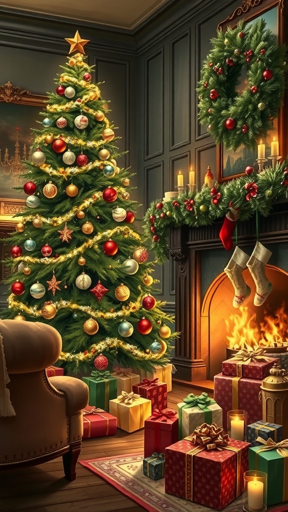 Victorian Christmas painting of a decorated tree in a cozy parlor with gifts and a fireplace.